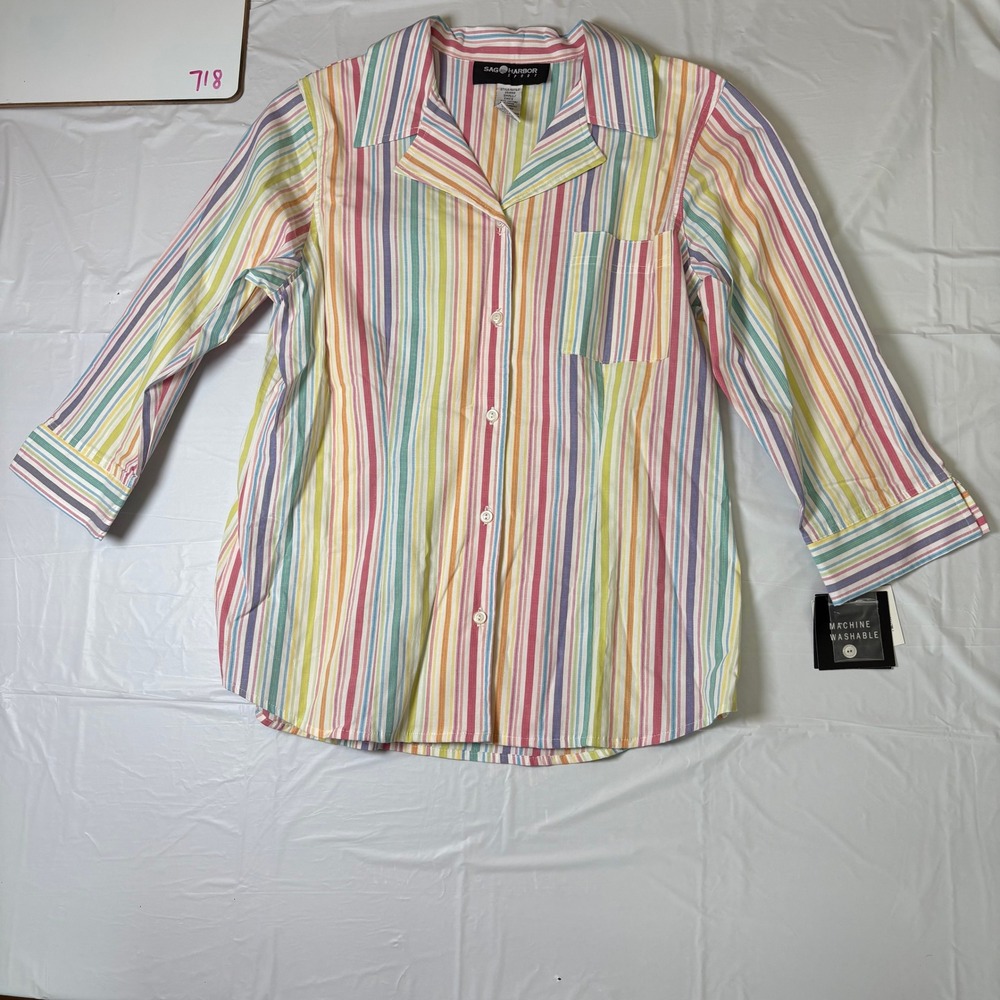 Sag‎ Harbor Sport Womens Striped Button Down Shirt Multi Color Small NWT